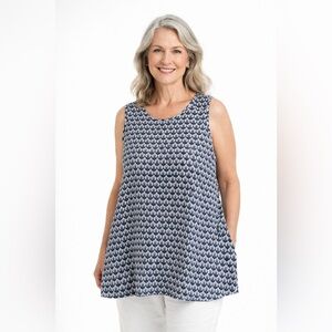 FLAX Tunic Tank Blue Linen Lagenlook Sleeveless Top Damask Geometric Floral